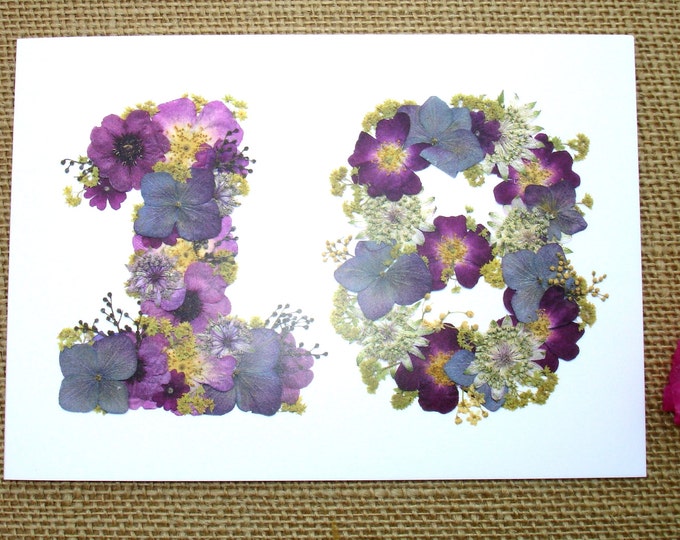 No 18, Wife 18th Anniversary Card, Blank Card, Husband 18th Anniversary, Sister 18th Birthday, English Pressed Flower PRINT