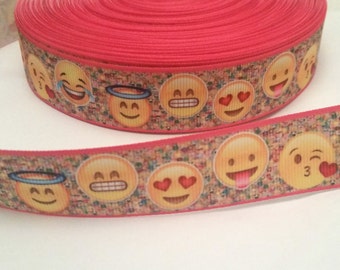 2 metres Emoji Ribbon, Smilies, 25mm Grosgrain Ribbon, Pink, Love Ribbon, Cake Decoration, Fun Ribbon, Valentines Day Craft DIY Bows