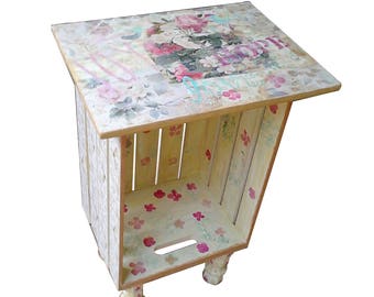 Bohemian furniture, wooden crate end table with mixed media art, shabby chic furniture, boho chic, bohemian style, Shabby Chic Decor