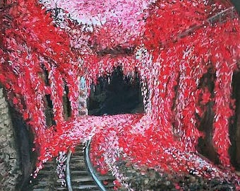 Desires tunnel 50x70 cm Original acrylic paintings Shades of red Blossom flowers Wall Art Decor Unique gift painting Bright colors Art
