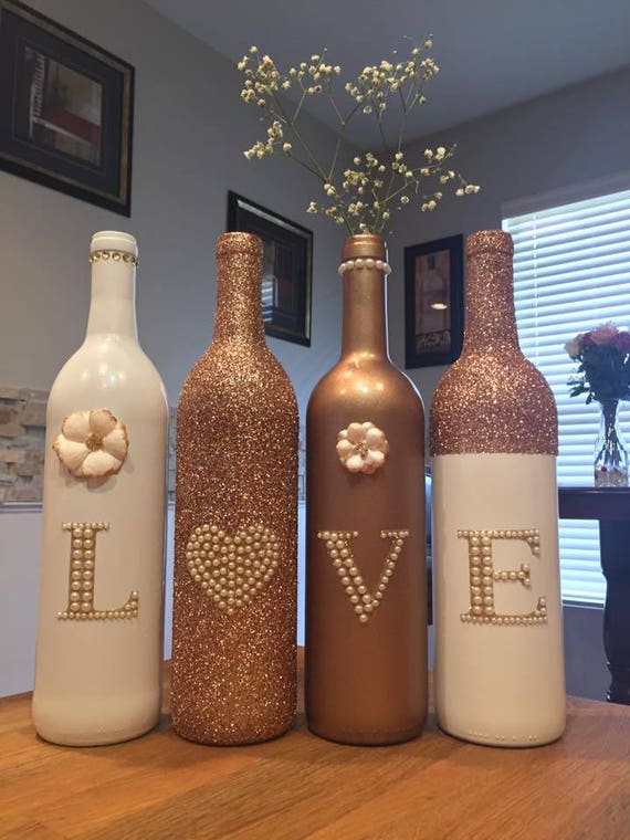 Rose Gold and White LOVE Decorative Wine Bottle Set