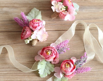 Kendall Peony Cluster Silk Flower Corsage & Boutonniere // Wedding / Prom / Bridesmaids