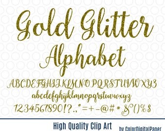 Gold Glitter alphabet digital clip art, golden font clipart commercial use, printable birthday party decorations shine numbers, letters PNG