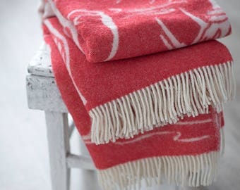 Red Throw blanket Crane picture, Wool Throw, Sofa throws, Red blanket, Wool blanket, Throws for sofa,