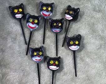 Vintage Halloween Plastic Black Cat Picks