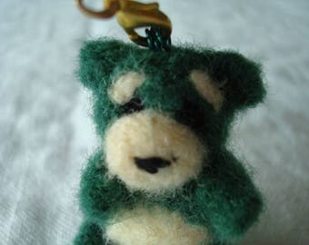 Needle felted miniature forest green teddy bear plush keychain