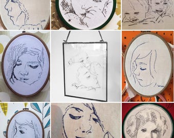 6" CUSTOM PORTRAIT -Thread Sketch, hand embroidery line drawing. Gift. Keepsake.