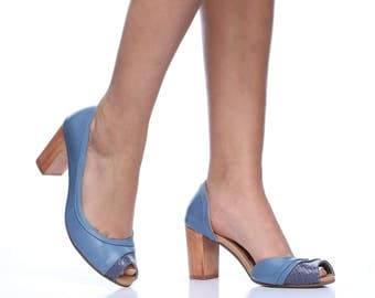 Blue Seychelle Leather Pumps, Handmade High Heel Shoes, Comfortable High Heels, Wedding Shoes