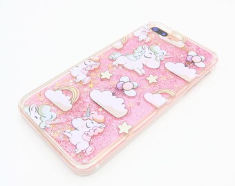 Unicorn iPhone Case Pink Glitter Rainbow Silver iPhone 7 7 Plus 6 6+ Gift for Friend Case Quicksand Moving Multicolor Liquid Star Cloud
