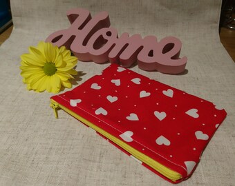 Change purse, wallet, White Hearts, Coin purse,make up bag, yellow, feminine, pretty, polka dots, small, handmade