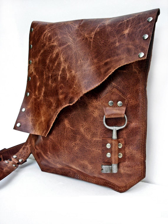 Rust Leather Messenger Bag with Antique Key by UrbanHeirlooms