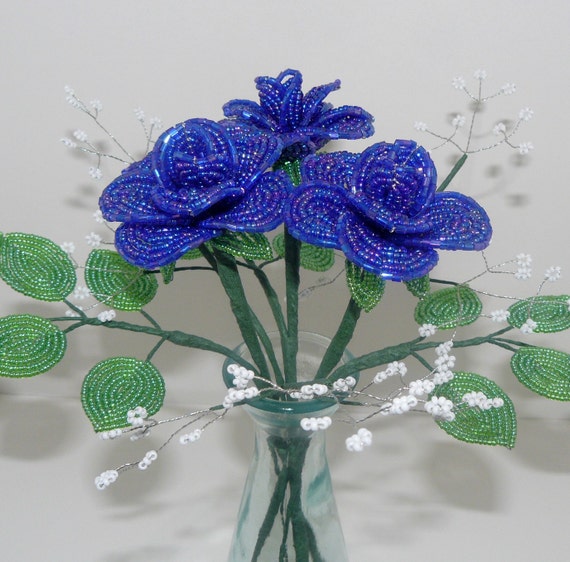 Beaded Flowers Bouquet Three Medium Blue Roses With Baby's