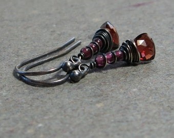 Garnet Earrings Geometric Jewelry January Birthstone Red Triangle Earrings Oxidized Sterling Silver Wire Wrapped
