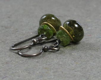 Green Garnet, Peridot Earrings Mixed Metals Sterling Silver Oxidized Earrings Gemstone Stack