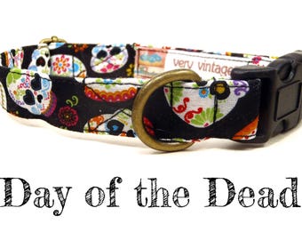 Black Dog Collar - Sugar Skull Dog Collar - Dia De Los Muertos Dog Collar - Skull Dog Collar - Antique Brass Hardware - "Day of the Dead"