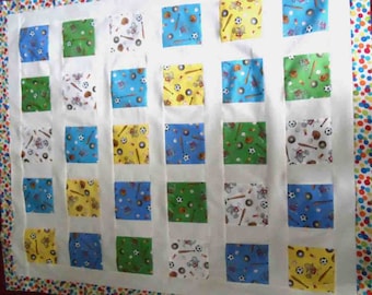 quilt top, sports, handmade, Moda fabric, piecework, toddler or child size, 39 by 46, primary colors,