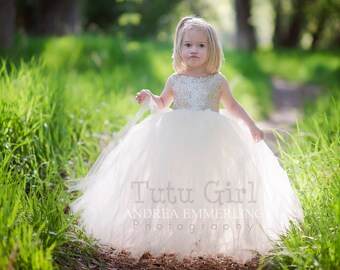Champagne Sequin Tutu Dress, Sleeveless Tutu Dress, Champagne Tulle Dress, Champagne Flower Girl Tutu Dress