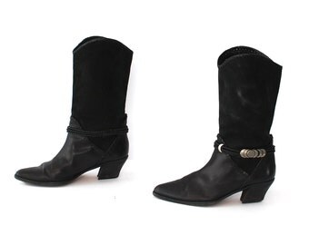 size 8.5 HARNESS black leather 80 suede metal MOTORCYCLE biker mid calf boots