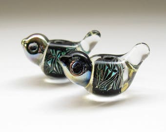 2 birds artisan lampwork glass beads dichroic crinkle teal silver metallic sparkle matching earring pair