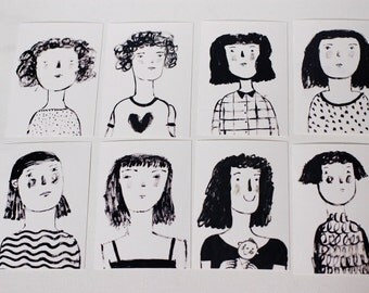 8 postcards black and white collection, portraits