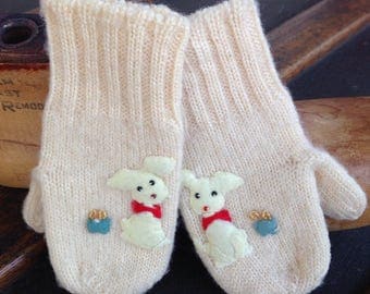 Vintage Tiny Knit Baby Mittens with Puppies