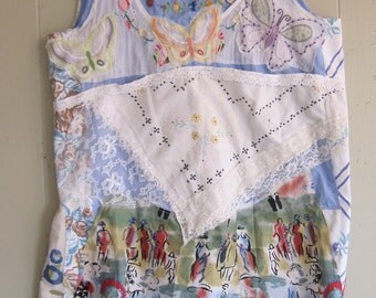 BUTTERFLY GARDEN - Linens Lace Patchwork Couture - Wearable Fabric Collage Folk Art - myBonny
