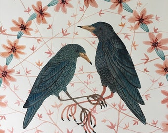 Birds in Repose No. 2, large original watercolor painting, bird art