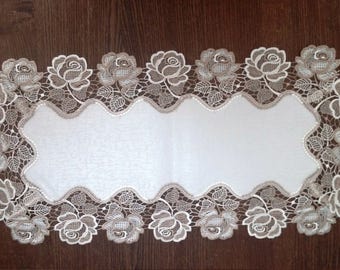 Two Tone Rose Lace Table Runner, Dresser Scarf, or Coffee Table Runner in Taupe and Antique White in Various sizes