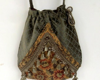 Boho Sage Green Floral Bag Pocket Boho Bag Floral Tapestry Drawstring Bag Bohemian Bag Crossbody Purse
