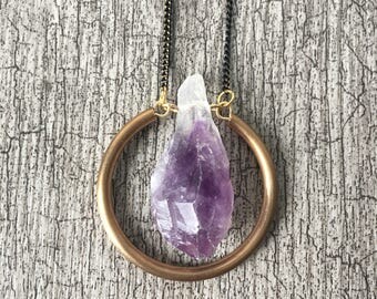 Amethyst minimalist necklace, birthstone jewelry, Geometric Necklace, modern brass necklace, brass necklace, minimalist jewerly