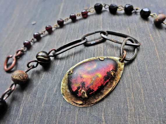 Dark rustic art necklace with dichroic glass- “Nocturne”