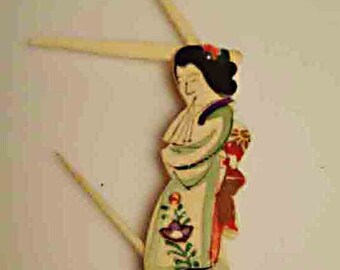 Vintage Chinese Hand Carved BONE grooming tool (grooming pick): hand painted in a delicate palette with gilt accents-courtesan/entertainer