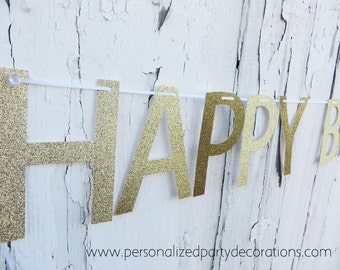Gold Glitter Banner, Happy Birthday Banner, Birthday Party Decor, Birthday Banner- Quick SHIP