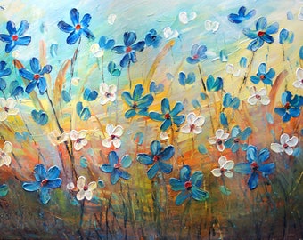 Flowers Painting FORGET ME NOT Mist Field Original Large Painting by Luiza Vizoli