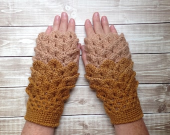 Brown and Gold Women's Fingerless Gloves, Ladies Dragon Gloves