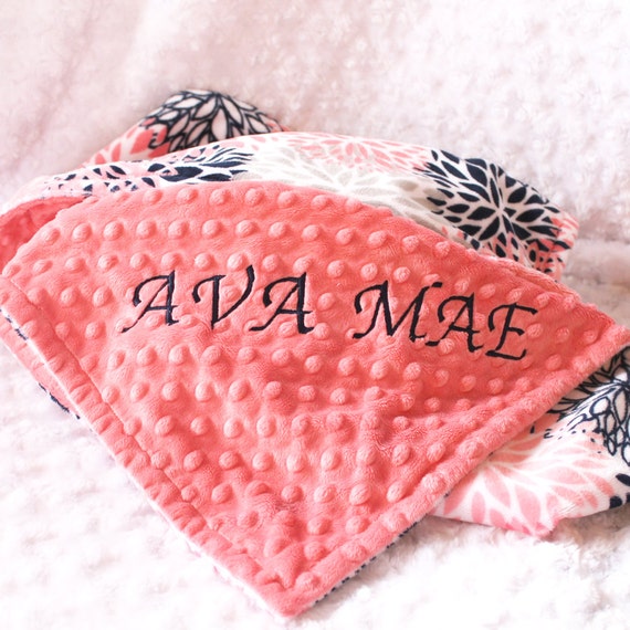 Personalized Baby Blanket / 42 x 55 Minky Blanket Girl, Coral Bloom Flower Blanket / Crib size Girl // Coral Baby Blanket / Baby Shower Gift