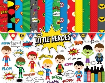Superhero clipart and printable digital paper pack. Comic book style. Instant download (DK023)