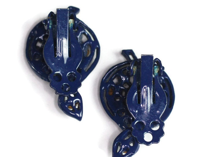 Dark Blue Rhinestone Earrings Japanned Enamel Leaf Design Clip On