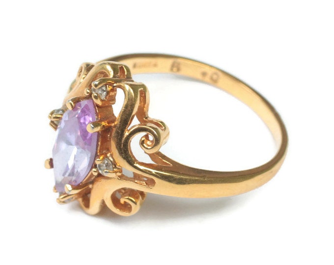 Amethyst Glass Ring Fancy Setting Clear Accents Size 10 Vintage