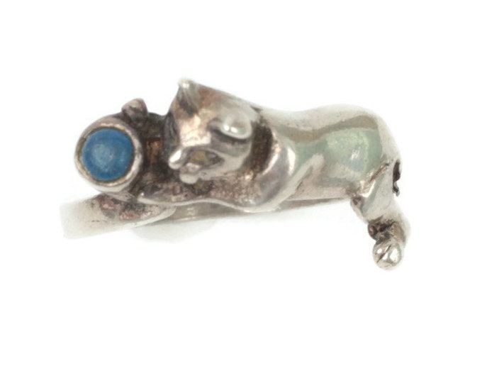 Sterling Kitty Cat Ring Blue Stone Ball Size 6 Plus Playful Kitty Vintage Ring