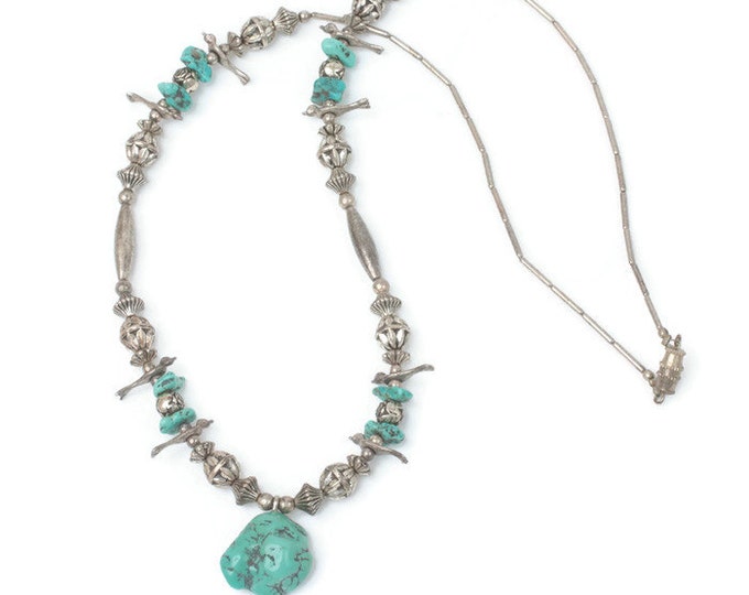 Native American Style Fetish Necklace Faux Turquoise Silver Tone Birds Vintage