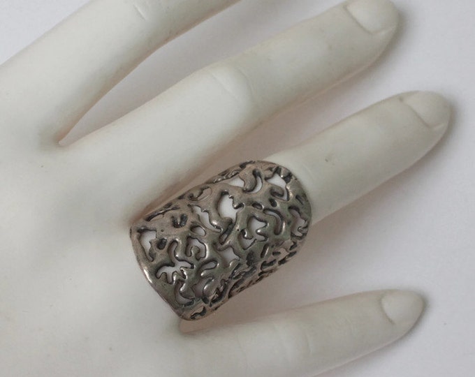 CIJ Sale Large Sterling Statement Ring Size 8 1/2 Knuckle Duster Pierced Filigree Vintage