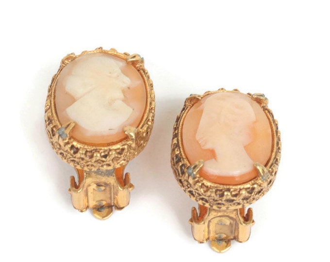 Carved Shell Cameo Earrings Mismatched Odd Clip On Vintage