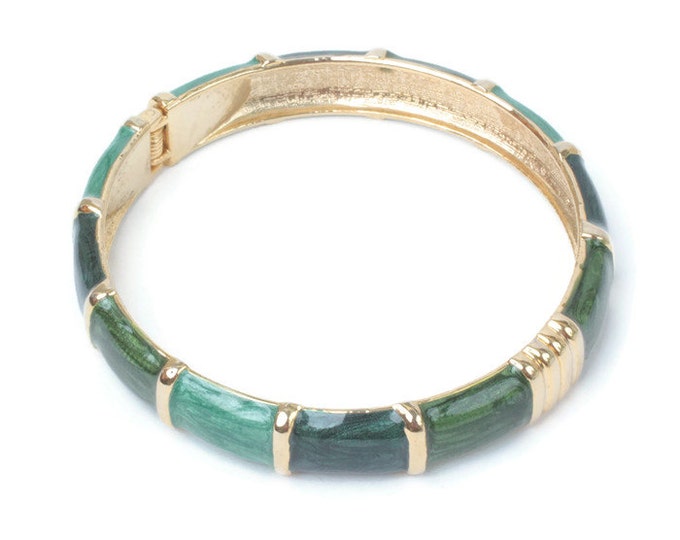 Green Enameled Bangle Bracelet Hinged Three Shades Green