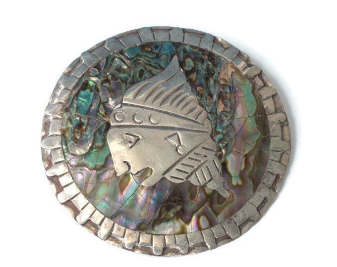 Pre-Columbian Abalone Brooch Sterling Eagle 2 Mark Tribal Signed CF Vintage