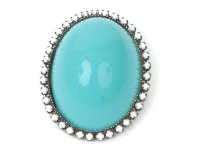 Domed Turquoise Lucite Brooch White Milk Glass Bead Accents Larger Vintage Pin