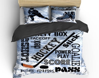Hockey Theme Bedding-Phrases and Player -Toddler, Twin, F-Queen or King Size