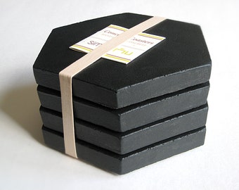 BLACK CONCRETE HEXAGON Coasters Chalk Set of 4/2 Hex—Wedding Registry Housewarming Gift—Beton Dessous-de-verre Noir/Posavasos Cemento Negro
