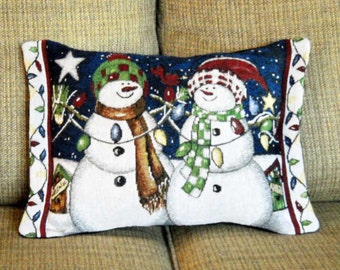 Christmas Pillow Snowmen Pair With Lights Tapestry Christmas Decor