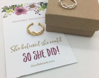Silver or Gold Mountain Ring, Dainty Mountain, carded She believed she could so she did, motivational jewelry, Gift for graduate, team gift